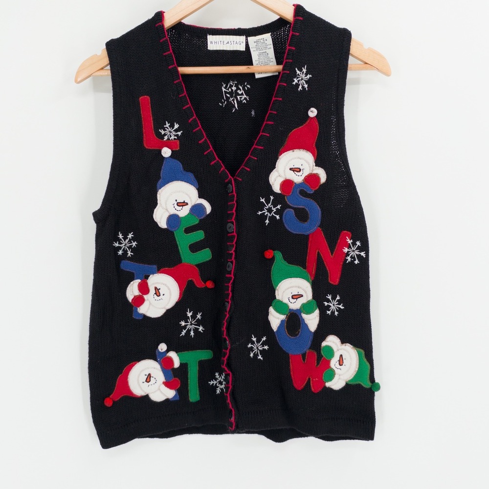 Vintage Christmas Sweater Vest Women S Black Let It Snow Snowman 90s Granny Cute